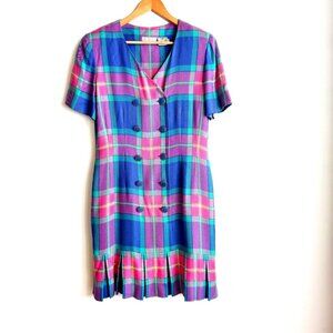 Vintage Liz Claiborne Plaid Pink Teal Purple Office Dress 10
